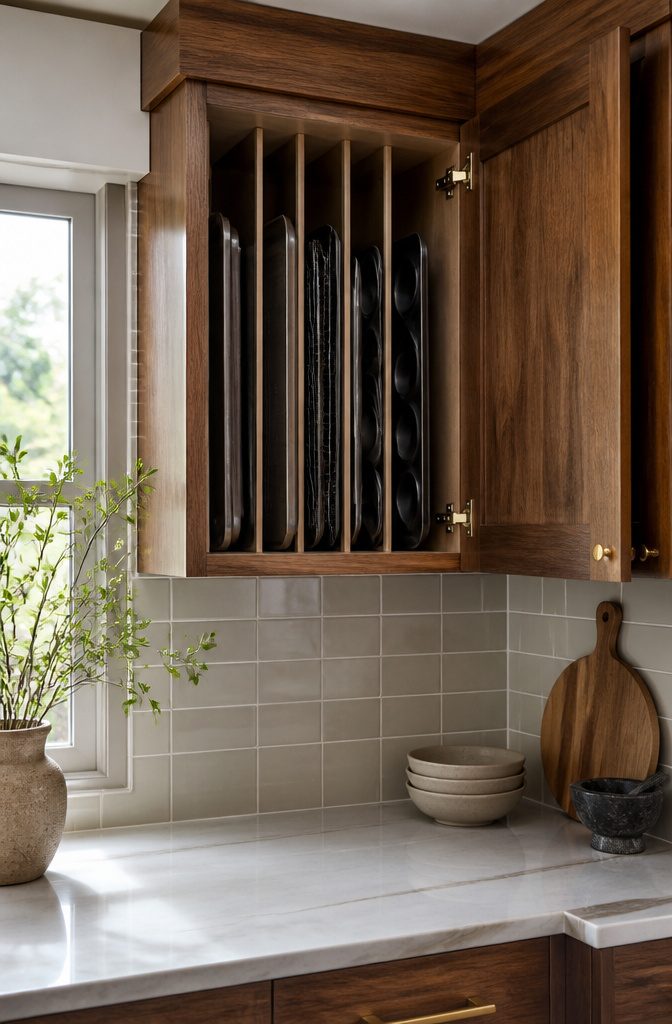 Wooden dividers in a cabinet holding baking trays upright.
