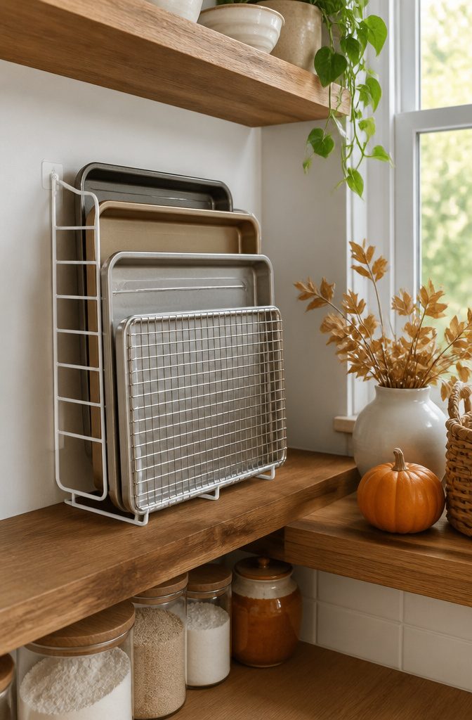 A wire organizer held in place with Command strips on a shelf.