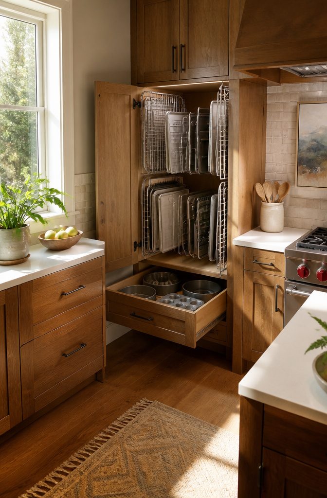 Wire corner organizers holding baking trays in a cabinet.