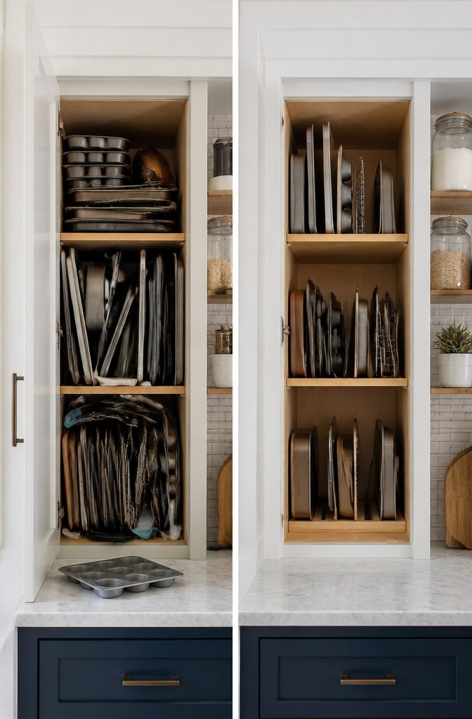 An organized cabinet showing baking trays after decluttering.