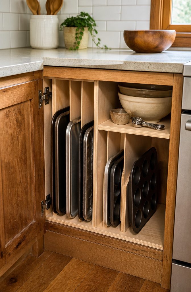 A custom plywood insert with slots for various baking trays.