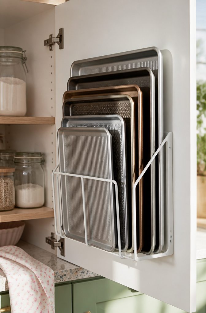 A lid organizer displaying half-sheet pans and quarter-sheet pans.
