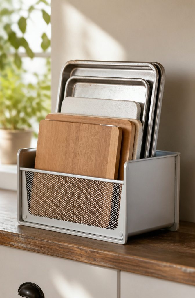 Paper sorters holding baking trays upright in a cabinet.