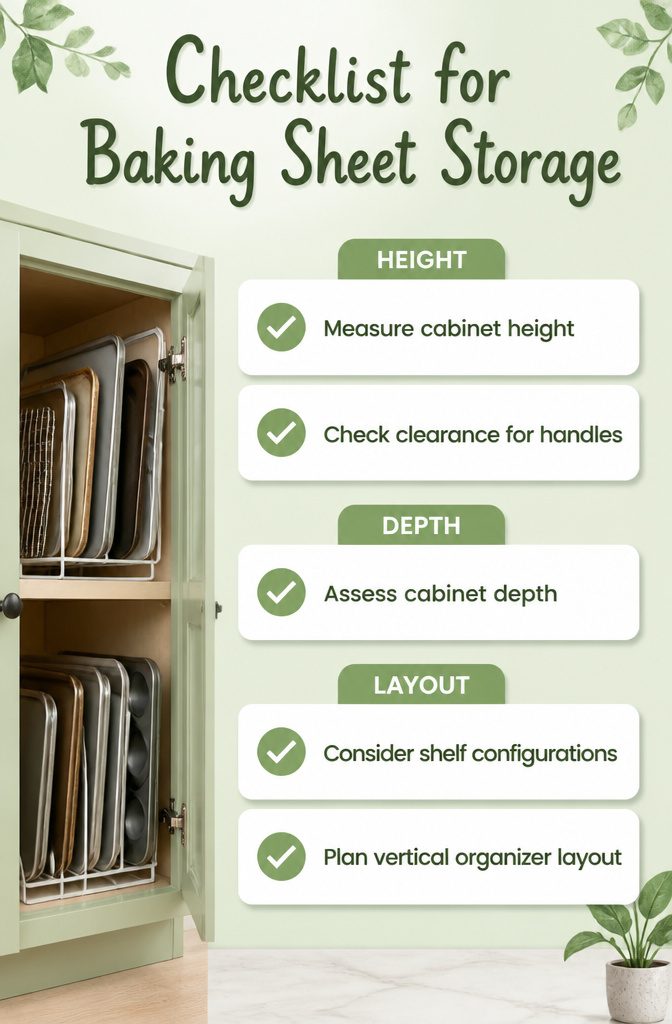 A checklist detailing measurements for baking sheet storage.
