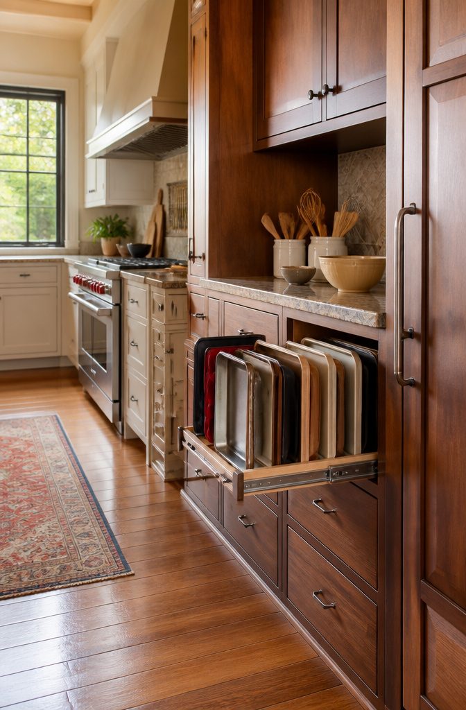 A pull-out shelf displaying neatly organized baking trays.