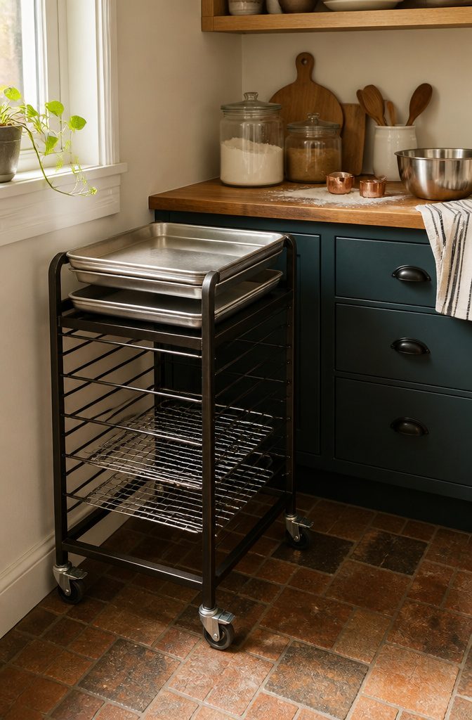 A multi-tiered rolling cart displaying baking trays and cooling racks.