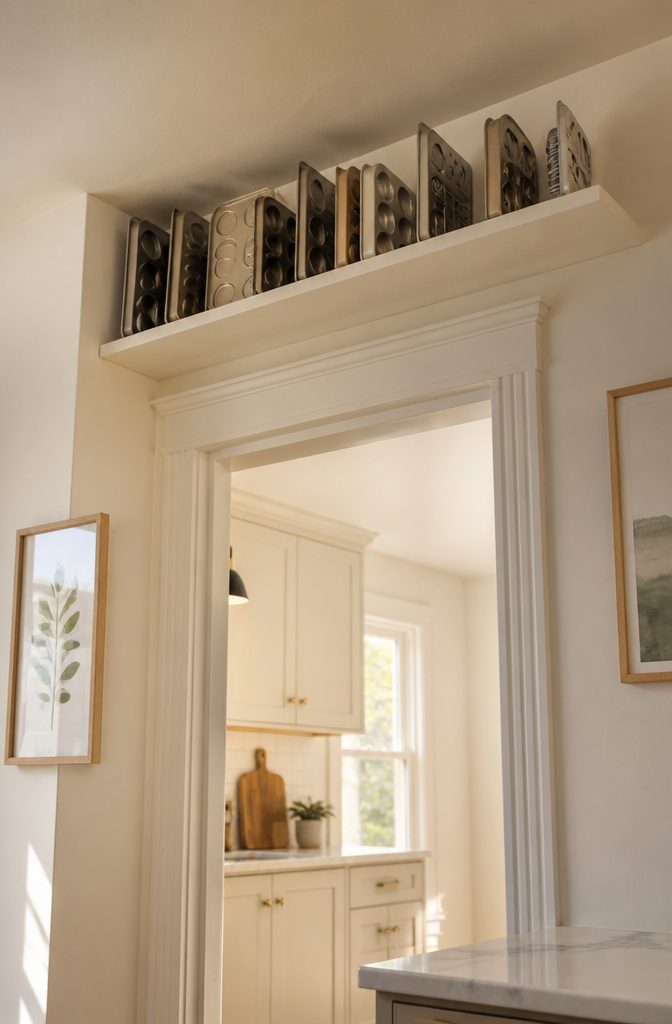 Baking pans stored on a high shelf above a doorway.