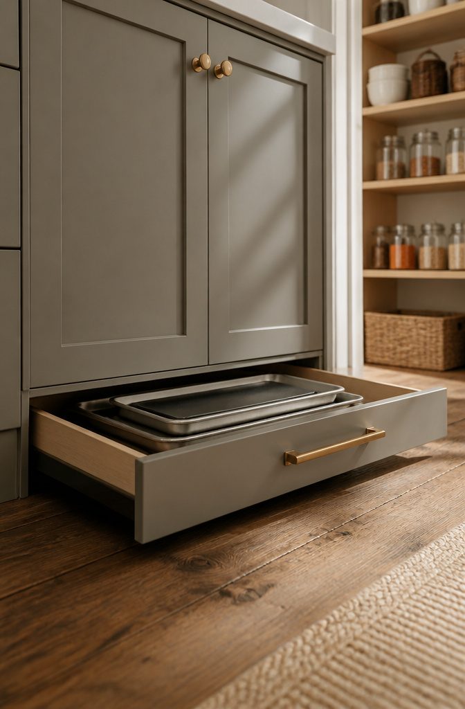 A shallow drawer under a cabinet storing baking sheets and pans.