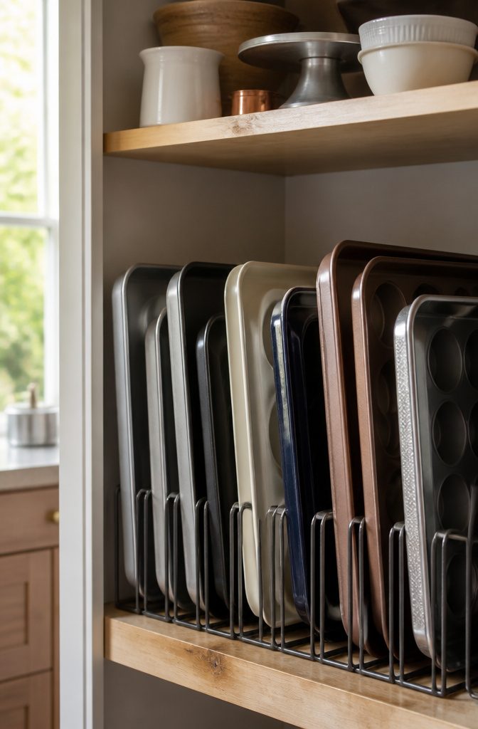 Metal vertical dividers holding various baking trays in a cabinet.