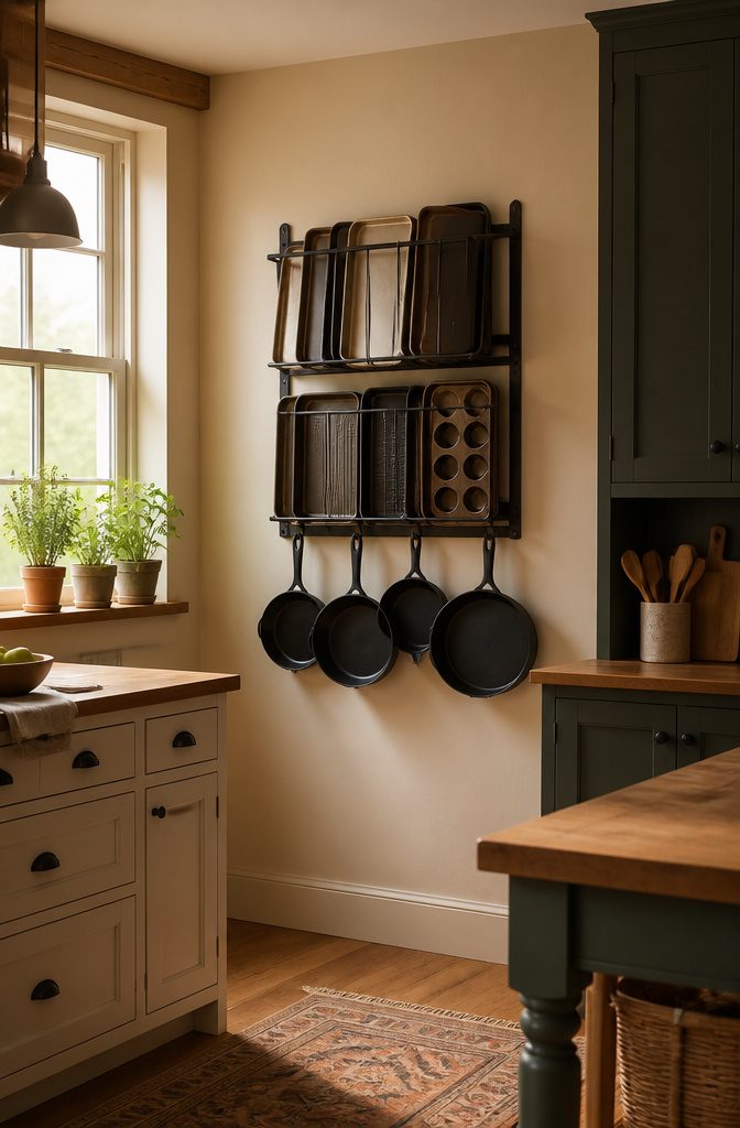 A wall-mounted pot rack holding baking trays and pans.