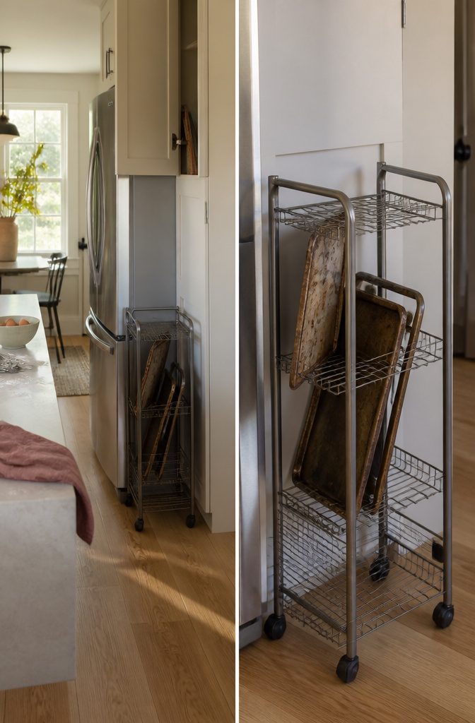 An over-the-door organizer holding baking trays and pans.