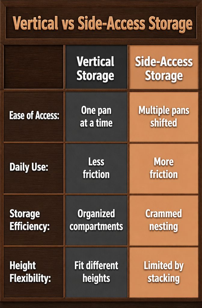 A diagram comparing vertical and side-access baking tray storage.