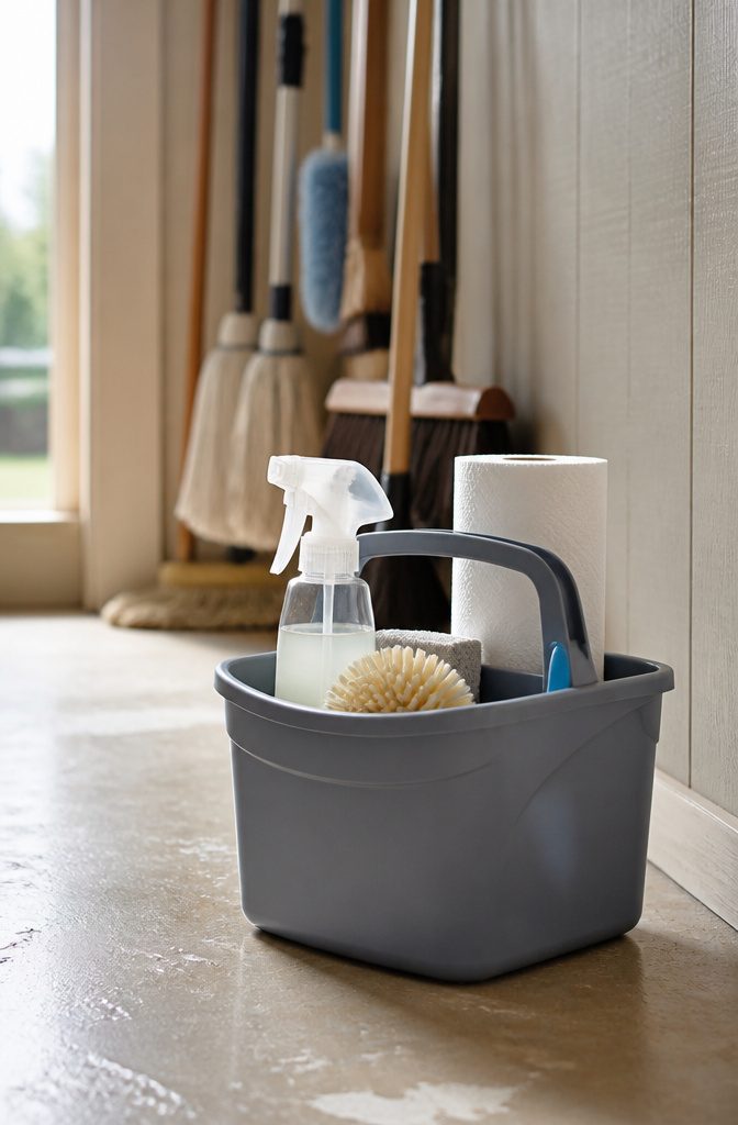 Cleaning caddy with spray bottles and tools on the floor of a closet.