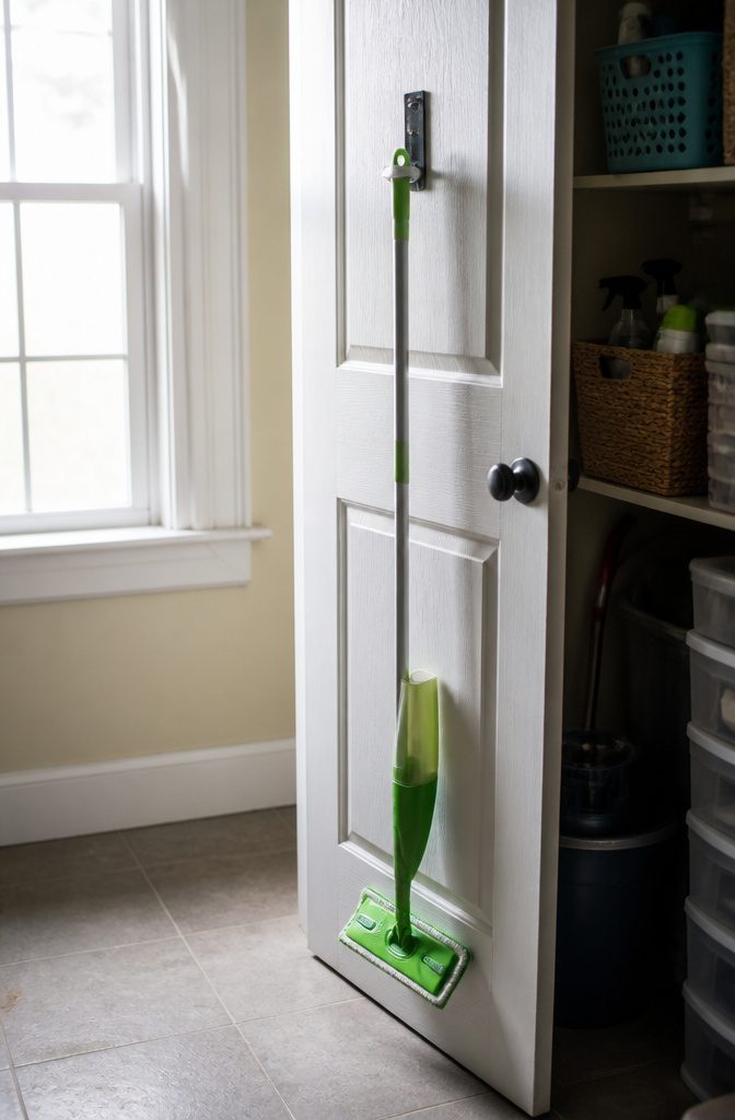 Utility hook and zip tie holding a broom and mop on a closet door.