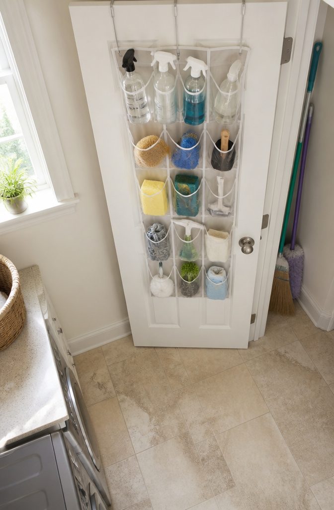Clear-pocket shoe organizer filled with cleaning supplies on a door.