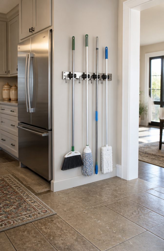 Sliding wall organizer with brooms and mops in a narrow gap.