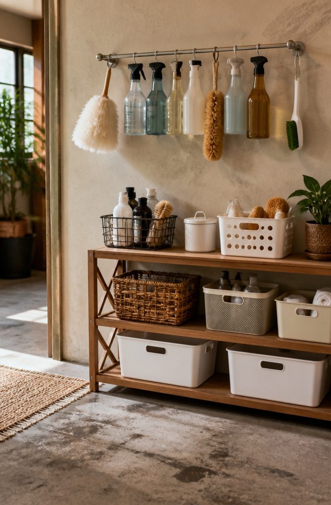 Towel bar displaying several spray bottles and dusters on a wall.