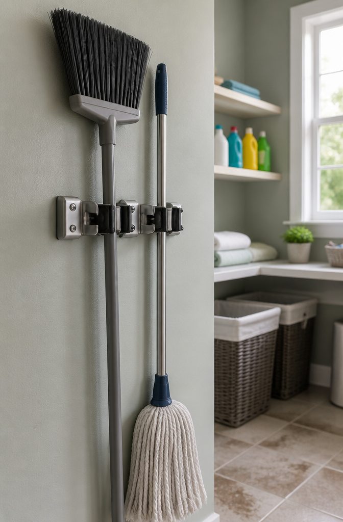 Wall-mounted hangers holding brooms and mops flat against the wall.