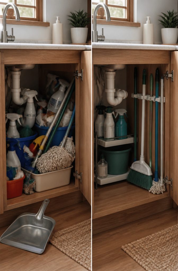 Freestanding broom rack with various cleaning tools leaning against it.