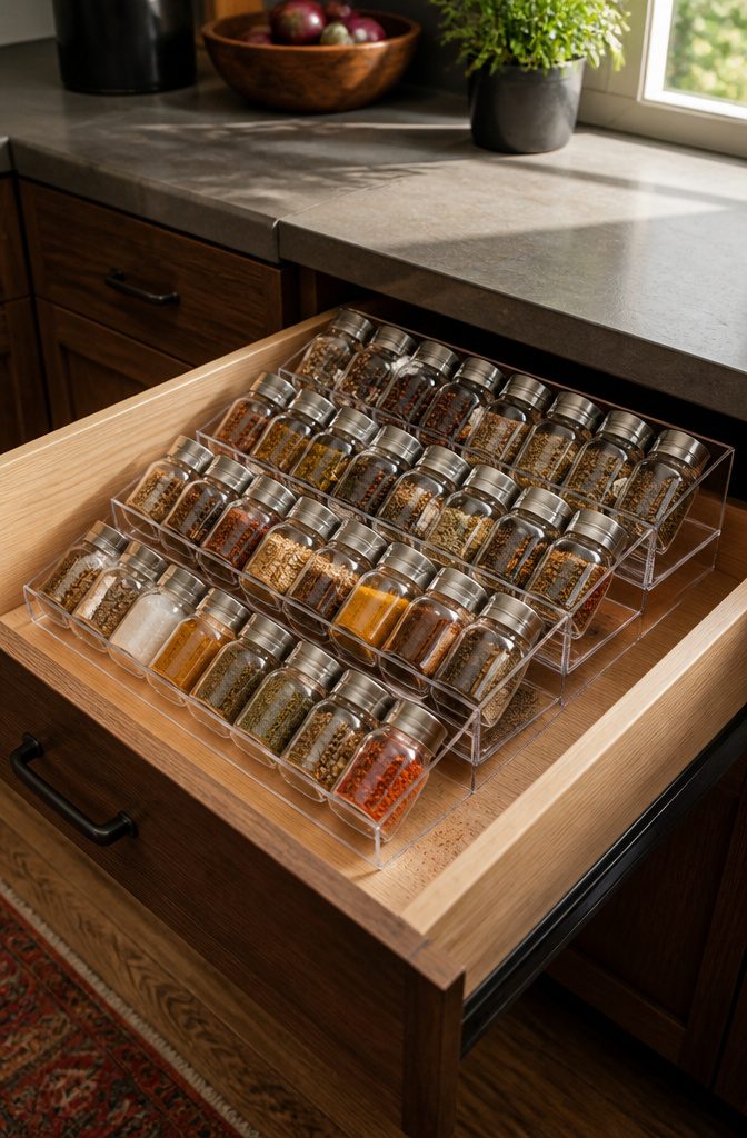 10 Creative Spice Rack Ideas to Organize Your Kitchen for 2026 2 A sleek kitchen drawer with clear acrylic spice organizers.
