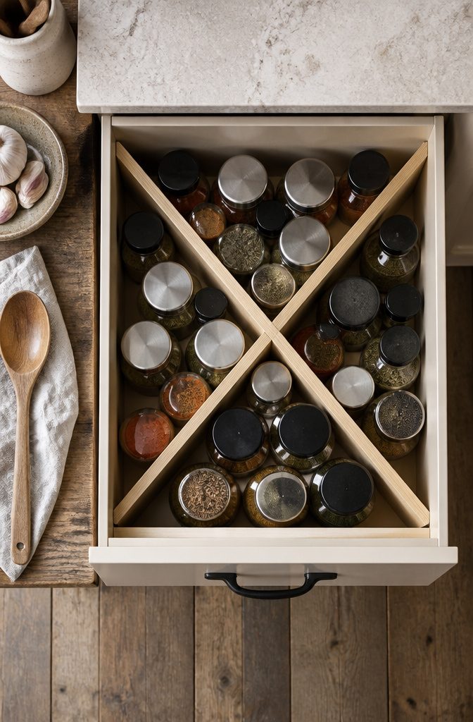 10 Creative Spice Rack Ideas to Organize Your Kitchen for 2026 8 A criss-cross spice organizer with triangular pockets in a drawer.