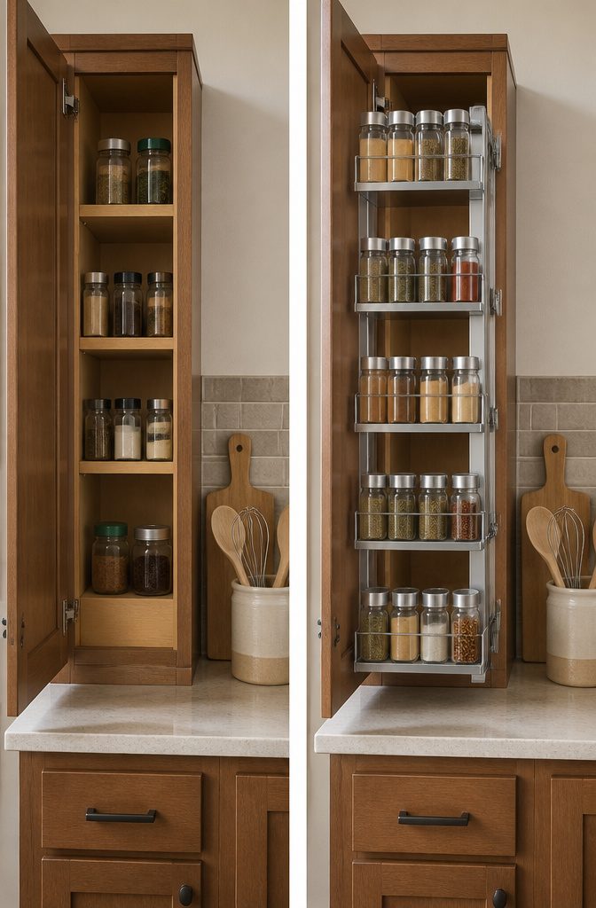 10 Creative Spice Rack Ideas to Organize Your Kitchen for 2026 11 An expandable spice rack filling a gap between cabinets.