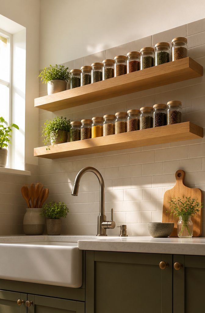 10 Creative Spice Rack Ideas to Organize Your Kitchen for 2026 7 Wall-mounted floating shelves holding spice jars in a kitchen.