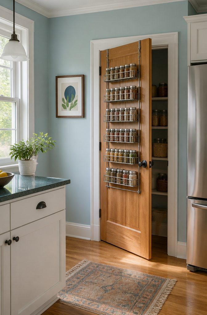 10 Creative Spice Rack Ideas to Organize Your Kitchen for 2026 3 An over-the-door spice organizer mounted on the back of a pantry door.