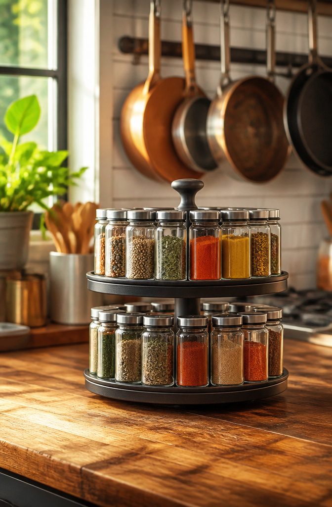 10 Creative Spice Rack Ideas to Organize Your Kitchen for 2026 4 A rotating spice rack displaying jars in a kitchen.