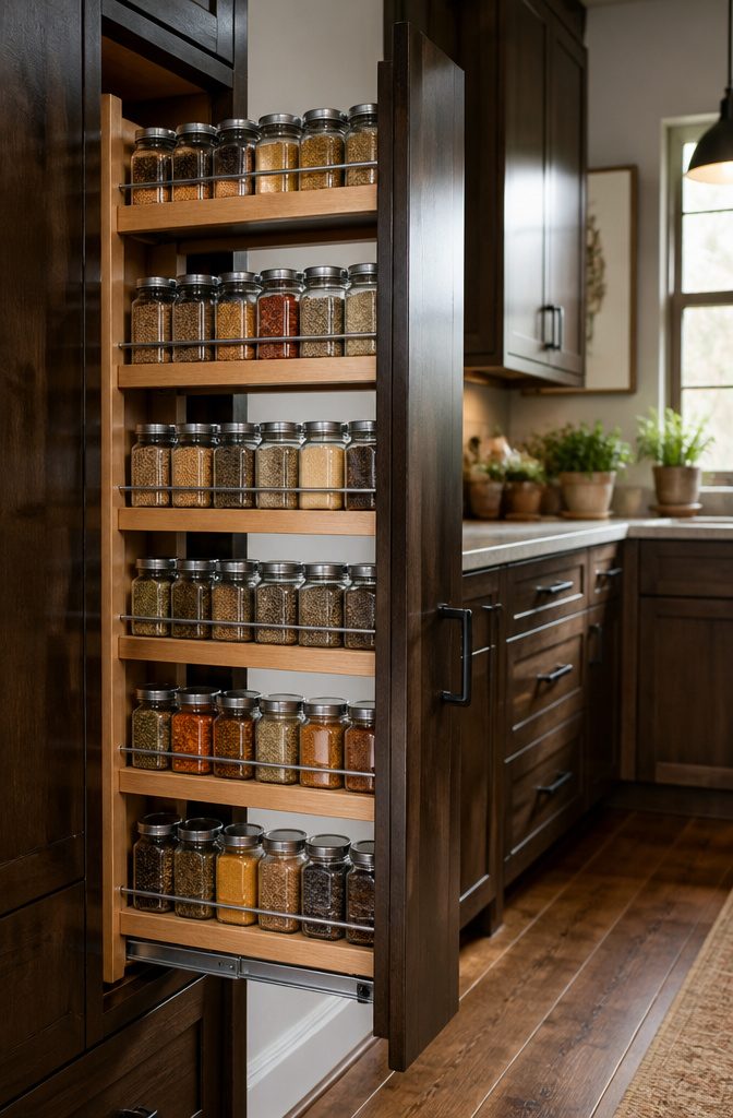10 Creative Spice Rack Ideas to Organize Your Kitchen for 2026 9 A slide-out spice rack displaying jars in a kitchen cabinet.