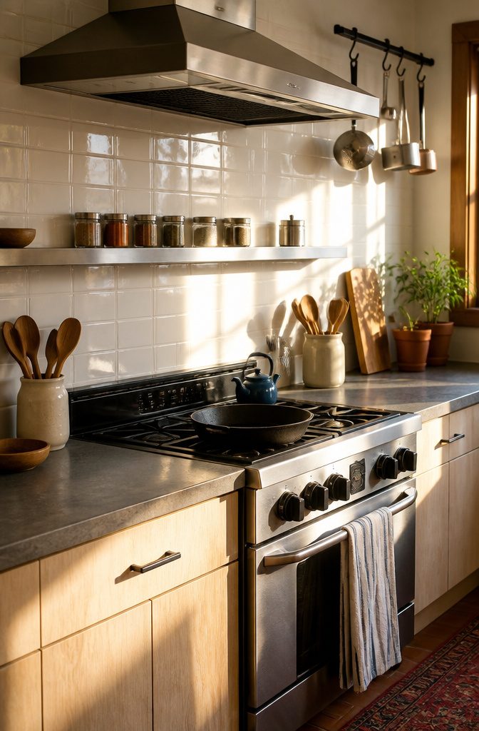 10 Creative Spice Rack Ideas to Organize Your Kitchen for 2026 10 A spice shelf mounted above a stove's control panel.