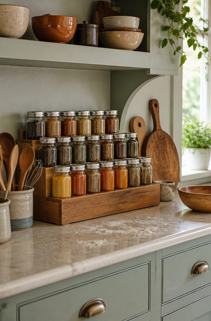 10 Creative Spice Rack Ideas to Organize Your Kitchen for 2026 6 A three-tier spice organizer showcasing jars on a kitchen shelf.