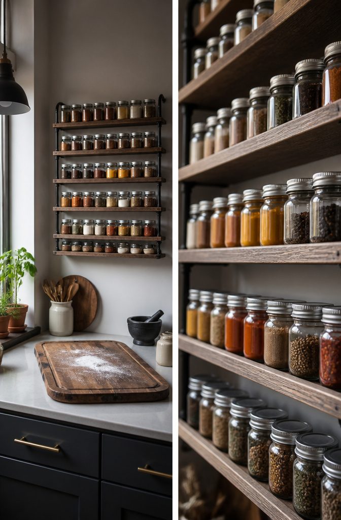 10 Creative Spice Rack Ideas to Organize Your Kitchen for 2026 12 A collection of uniform spice jars with labels on a shelf.