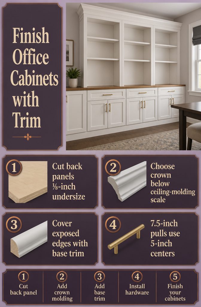 How to Build DIY Office Cabinets: 8 Steps from Base to Finish 7 Office cabinets with crown molding and trim along the sides and base