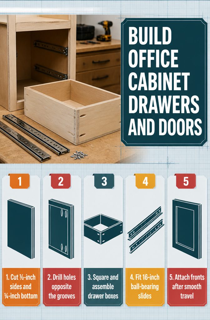How to Build DIY Office Cabinets: 8 Steps from Base to Finish 6 Office cabinet drawers and doors shown beside assembled drawer boxes