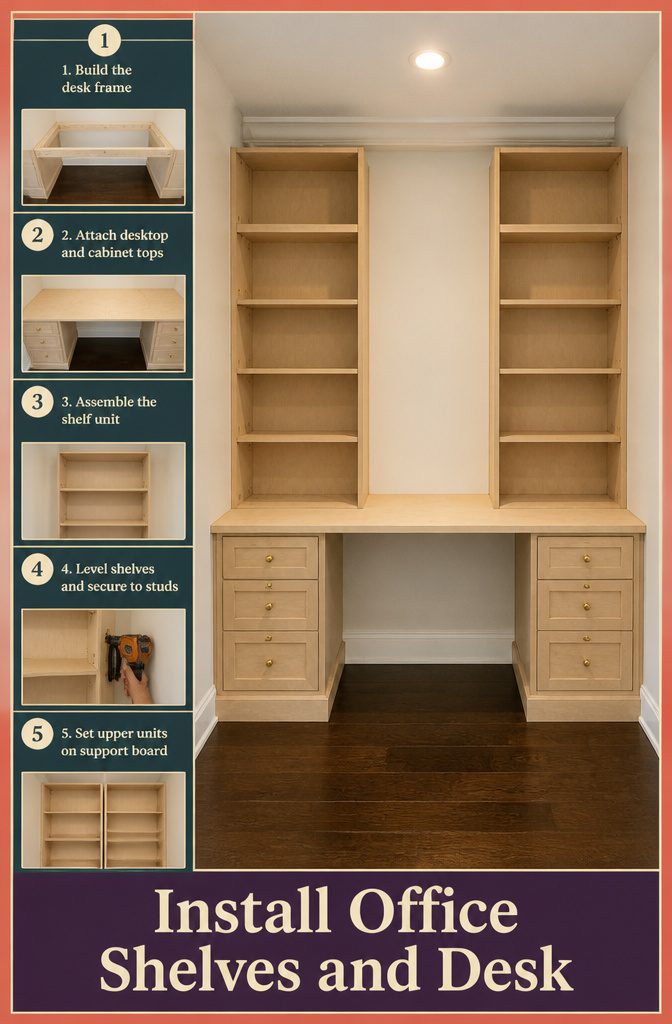 How to Build DIY Office Cabinets: 8 Steps from Base to Finish 5 Office desk surface fitted between base cabinets below wall shelves
