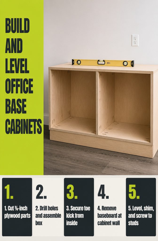 How to Build DIY Office Cabinets: 8 Steps from Base to Finish 4 Office base cabinets aligned along a wall with shims beneath the boxes