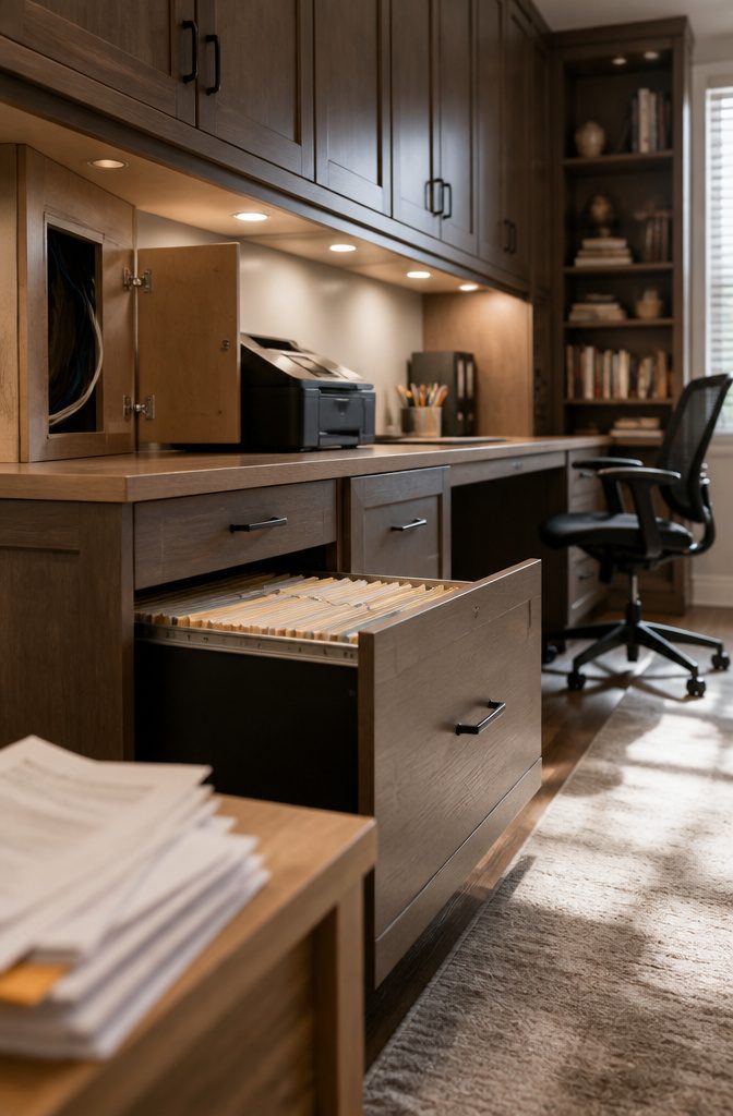 How to Build DIY Office Cabinets: 8 Steps from Base to Finish 9 Installed office cabinets secured to a wall beside a desk workspace