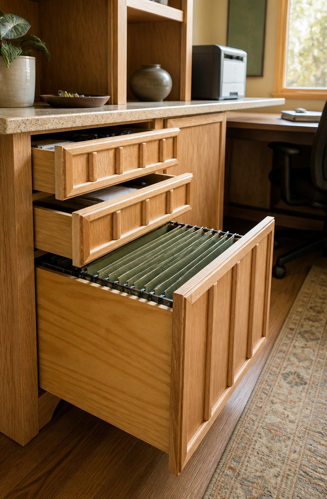 How to Build DIY Office Cabinets: 8 Steps from Base to Finish 10 Open office drawer with plastic file rails beneath shallow drawers holding supplies
