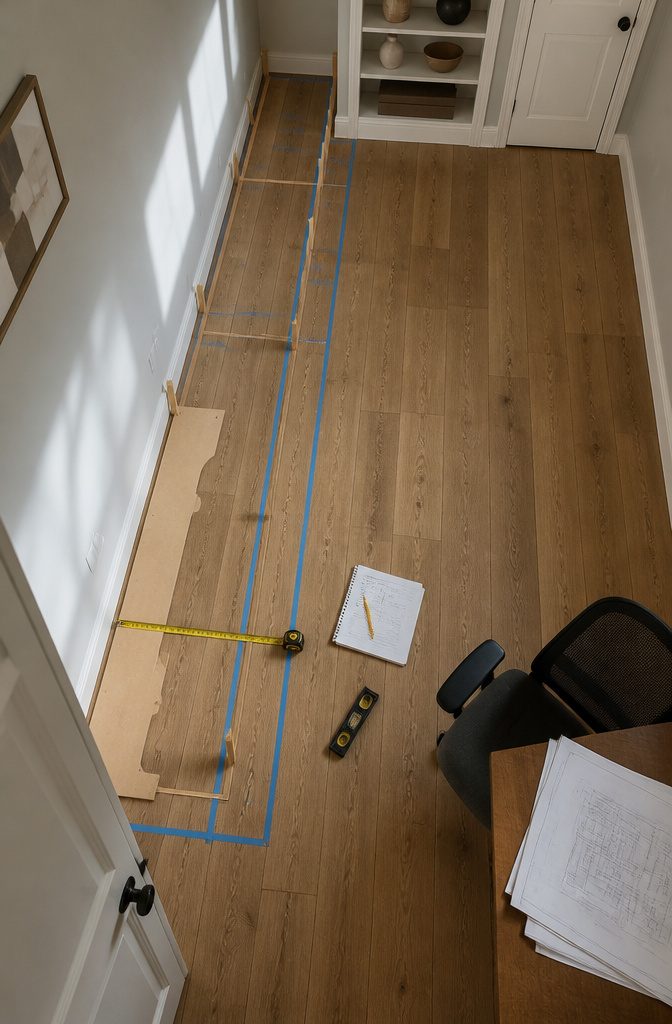 How to Build DIY Office Cabinets: 8 Steps from Base to Finish 2 Office wall planned for DIY cabinets with room for a desk and chair