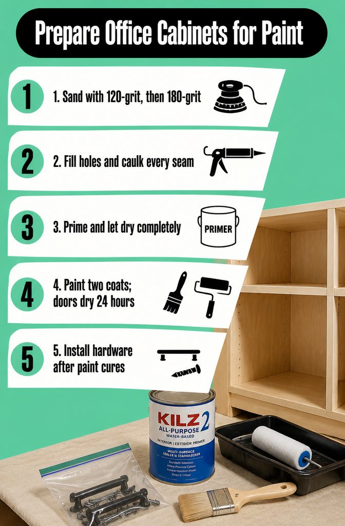 How to Build DIY Office Cabinets: 8 Steps from Base to Finish 8 Office cabinet surfaces sanded and prepared for primer before painting