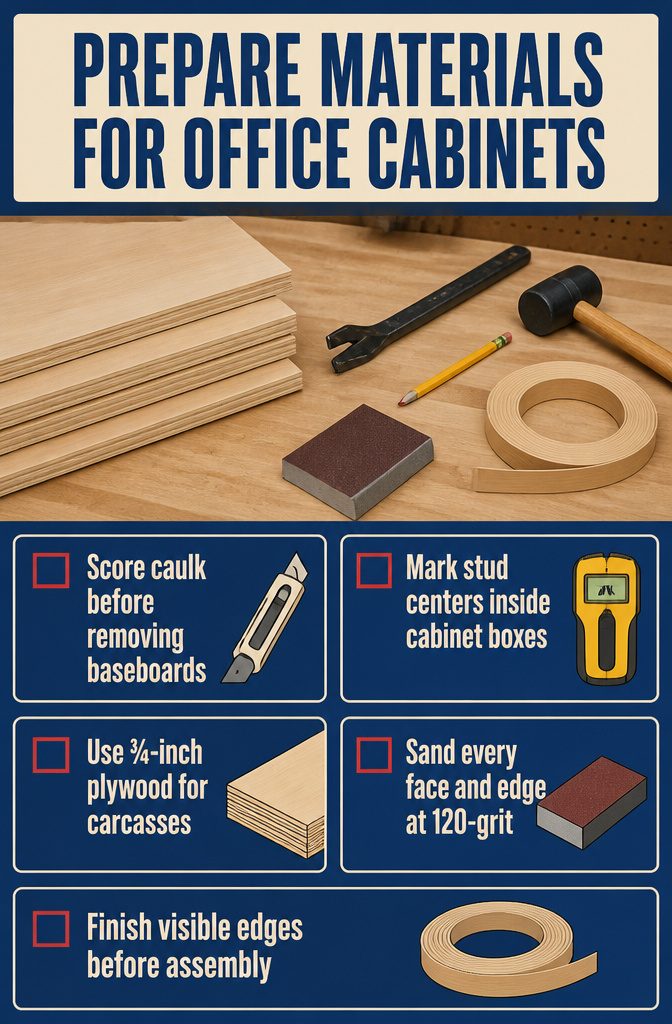 How to Build DIY Office Cabinets: 8 Steps from Base to Finish 3 Plywood sheets and cabinet parts arranged for an office cabinet project