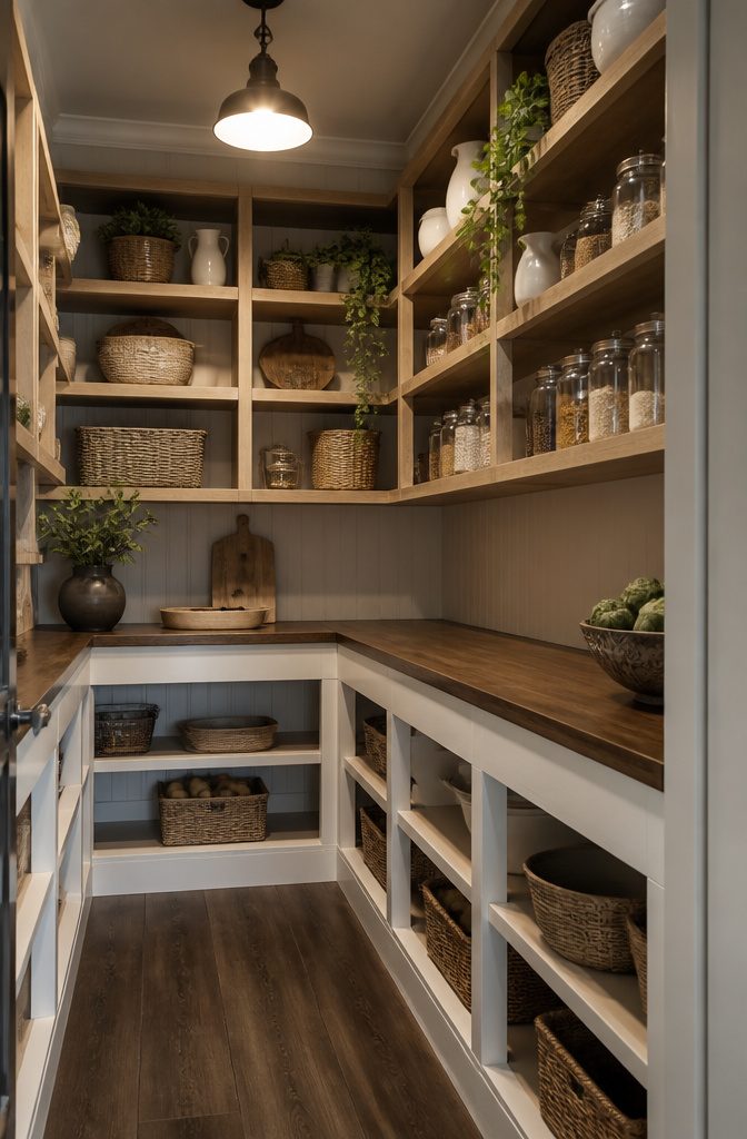 DIY Walk In Pantry Ideas: A Step-by-Step Guide for 2026 4 A 2x4 frame supporting cabinets in a walk-in pantry.