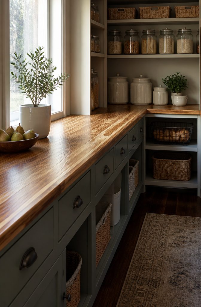 DIY Walk In Pantry Ideas: A Step-by-Step Guide for 2026 6 Rich ash wood butcher block countertop in a walk-in pantry.