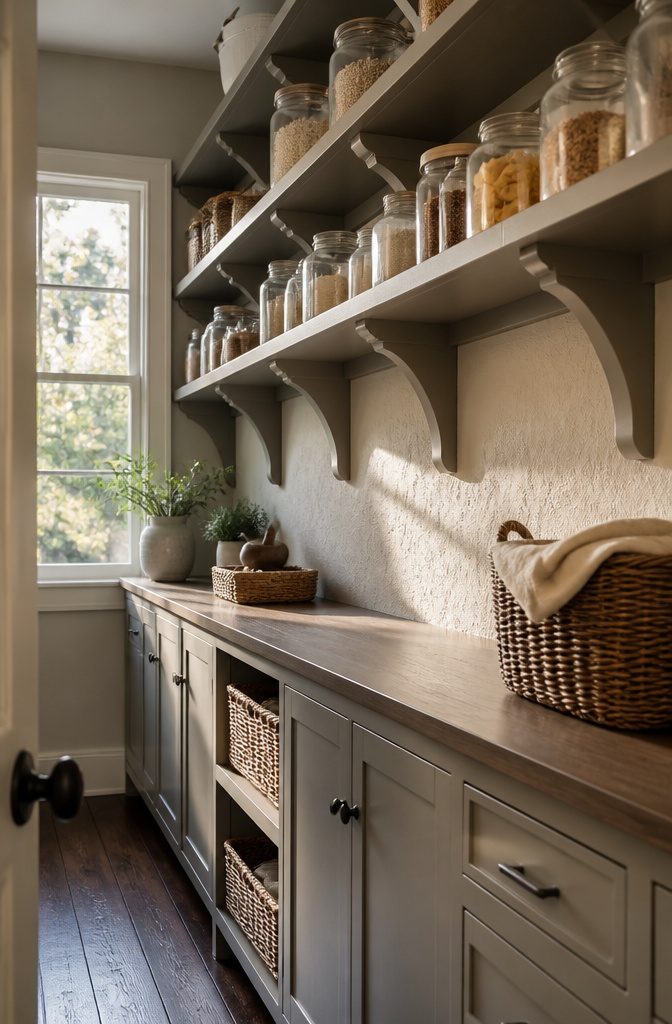 DIY Walk In Pantry Ideas: A Step-by-Step Guide for 2026 8 Corbels supporting a shelf filled with jars in a pantry.