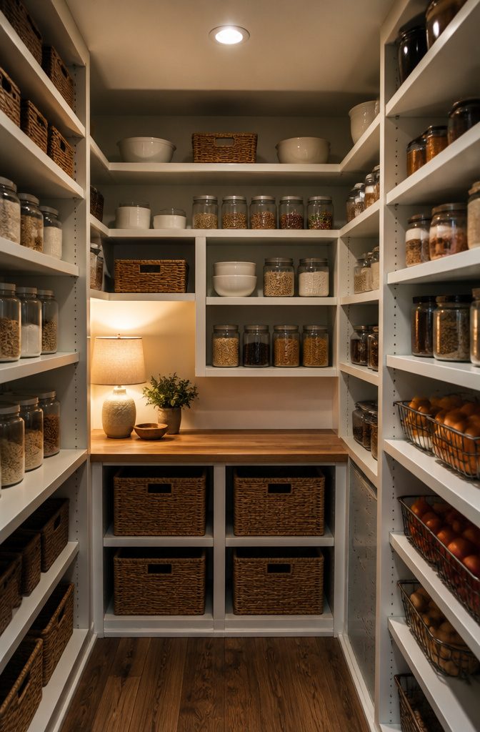 DIY Walk In Pantry Ideas: A Step-by-Step Guide for 2026 9 A mini-lamp and recessed light brighten a windowless pantry corner.