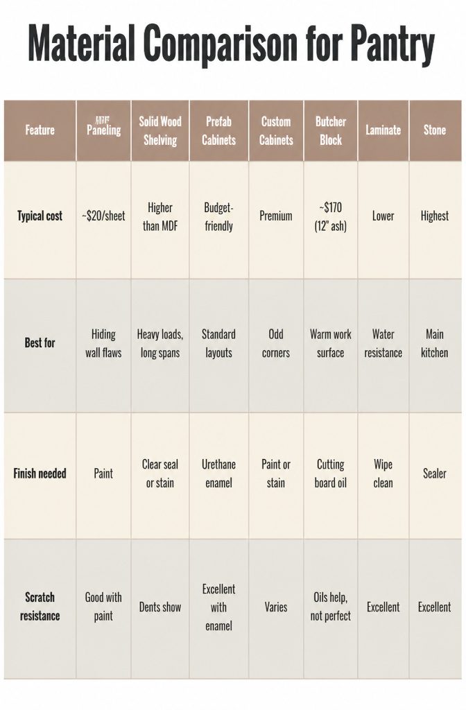 DIY Walk In Pantry Ideas: A Step-by-Step Guide for 2026 12 Comparison chart of materials used for pantry building.