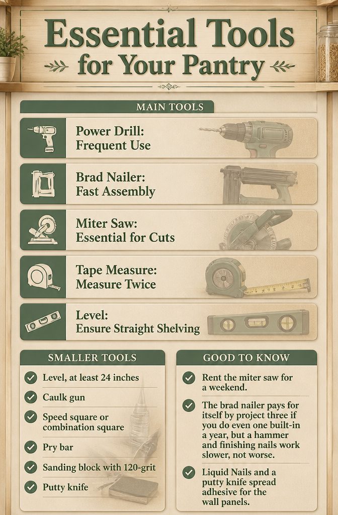 DIY Walk In Pantry Ideas: A Step-by-Step Guide for 2026 11 A collection of tools needed for a pantry project.