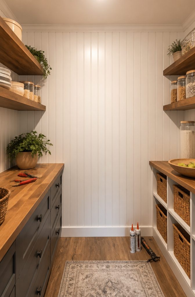 DIY Walk In Pantry Ideas: A Step-by-Step Guide for 2026 3 Newly installed white MDF beadboard panels in a walk-in pantry.