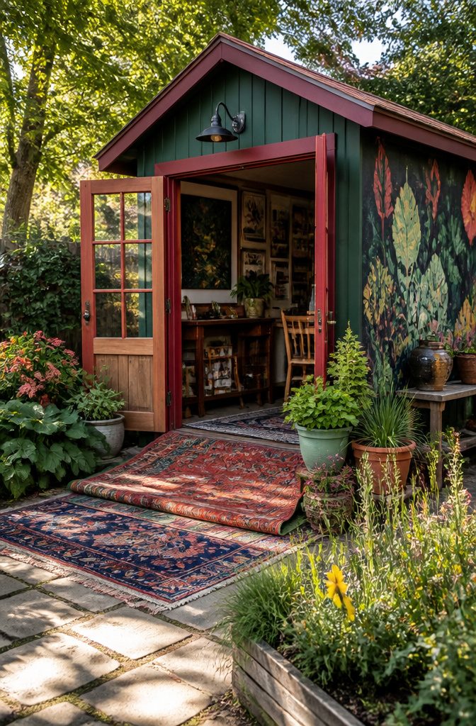 6 Garden Shed Ideas for a Better Backyard: Styles for 2026 3 A creatively painted shed with a mural and layered rugs at the entrance.